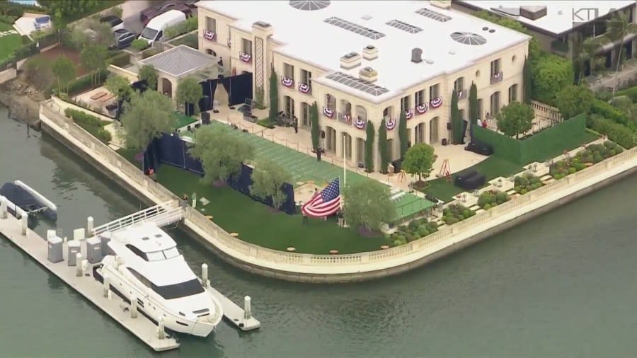 The Harbor Island home of John and Kimberly Word in Newport Beach where Donald Trump held a campaign fundraising event on June 8, 2024. (KTLA)