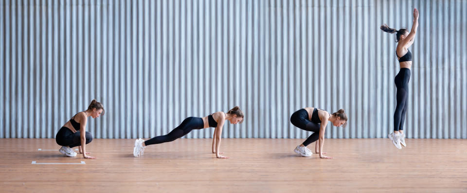 Fit woman doing a burpee exercise. Endurance training. Step by step instructions burpee