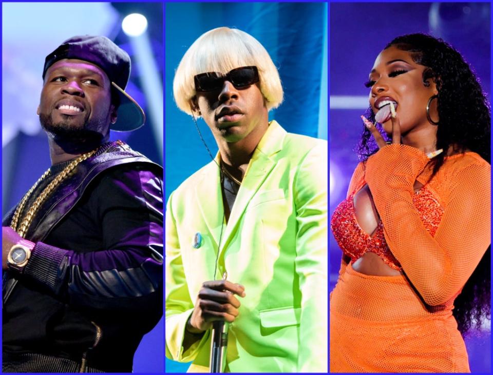 L-R: 50 Cent, Tyler, the Creator and Megan Thee Stallion (Getty)