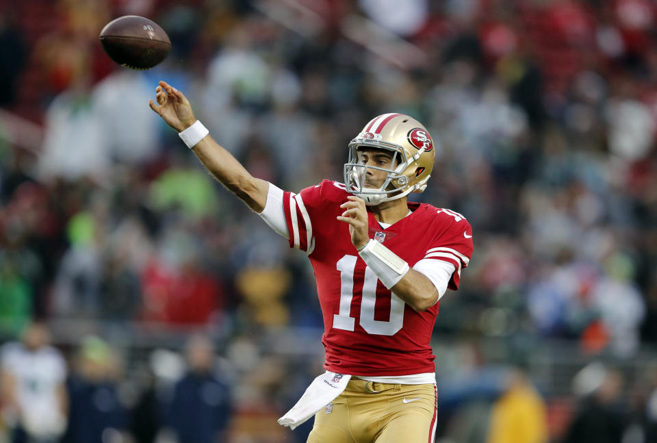 All eyes will be on quarterback Jimmy Garoppolo this weekend as he makes his first start with the San Francisco 49ers. (AP Photo/John Hefti)