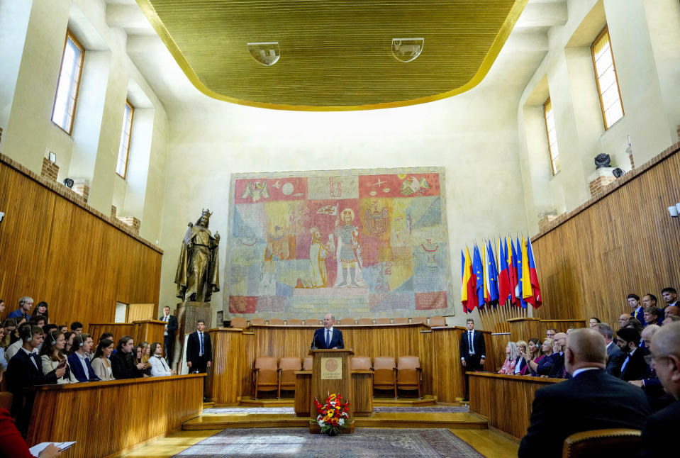 German Chancellor Olaf Scholz delivers a speech at the Charles University in Prague, Czech Republic, Monday, Aug. 29, 2022. (AP Photo/Petr David Josek)