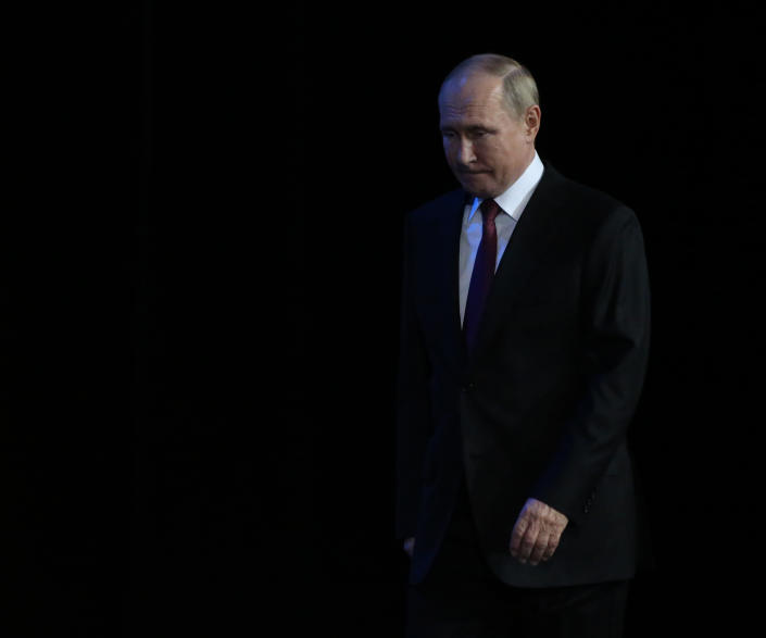 Russian President Putin enters the hall during the concert marking the 100th Anniversary of Karachay-Cherkessia, Adygea Republic and Kabardino-Balkarian Republic, at the Grand Kremlin Palace, September 20,2022, in Moscow, Russia. Russian President Putin on Tuesday blasted what he described as U.S. efforts to preserve its global domination, saying they are doomed to fail. (Contributor/Getty Images)