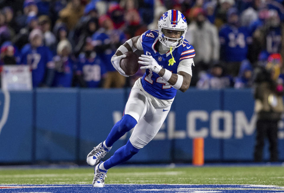 FILE - Buffalo Bills wide receiver Stefon Diggs (14) runs after a catch during an NFL divisional round playoff football game, Sunday, Jan. 21, 2024 in Orchard Park, NY. The Bills dynamic duo of Josh Allen and Stefon Diggs is no more(AP Photo/Matt Durisko, File)