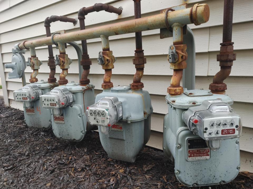 Nicor Gas meters are seen on May 3, 2022, in Loves Park.