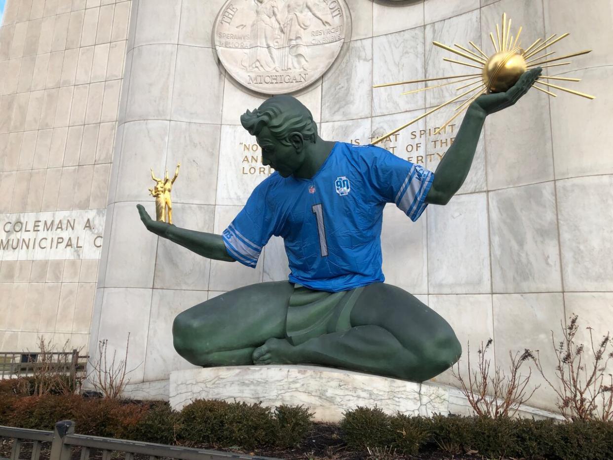 The Spirit of Detroit donning a Detroit Lions jersey in celebration of the team's deep run in the NFL Playoffs. (TJ Dhir/CBC - image credit)