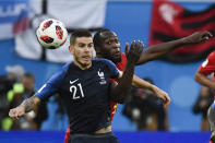 <p>France’s defender Lucas Hernandez (L) vies with Belgium’s forward Romelu Lukaku during the Russia 2018 World Cup semi-final football match between France and Belgium at the Saint Petersburg Stadium in Saint Petersburg on July 10, 2018. (Photo by CHRISTOPHE SIMON / AFP) </p>