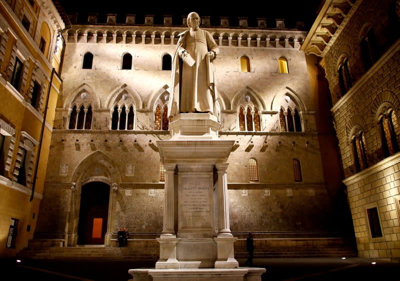 FILE PHOTO: The entrance of Monte dei Paschi bank headquarters in downtown Siena