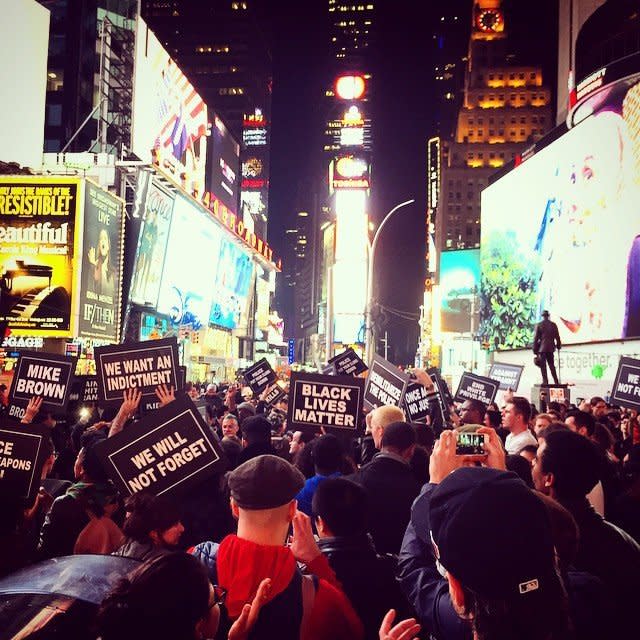 In this photo from Instagram user bibbiesss, people protest in New York City on Mon. Nov, 24, 2014. 