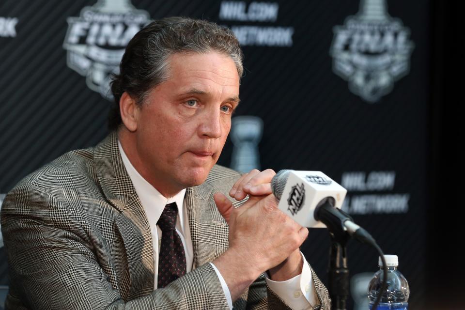 LOS ANGELES, CA - JUNE 03: Dean Lombardi, President and General Manager of the Los Angeles Kings, speaks during Media Day for the 2014 NHL Stanley Cup Final at Staples Center on June 3, 2014 in Los Angeles, California. (Photo by Bruce Bennett/Getty Images)