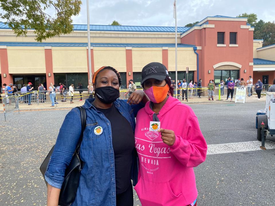 Denisha Thomas and Tameika Robinson after voting early in Marietta, Georgia.Richard Hall / The Independent