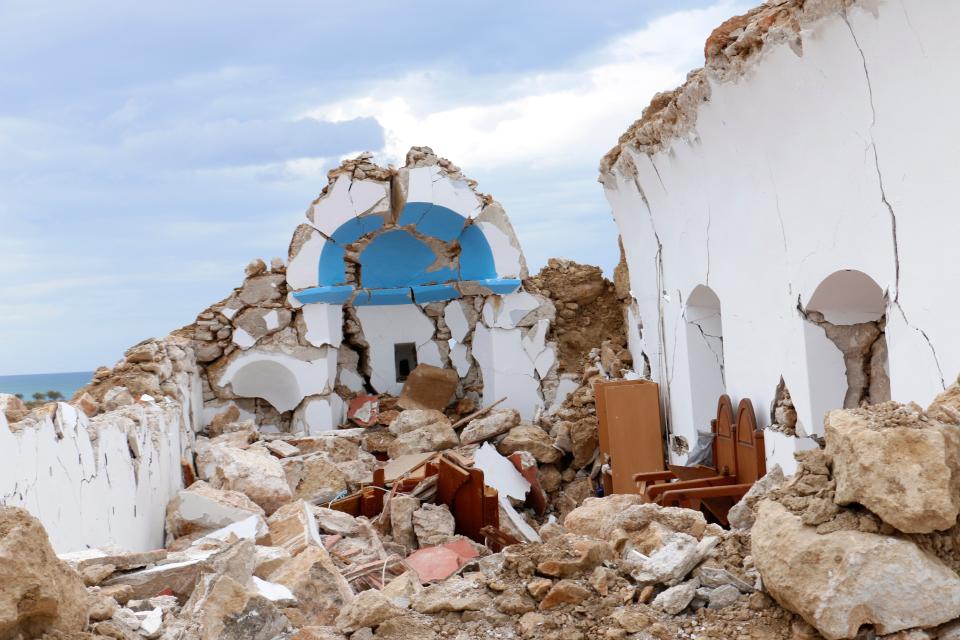 A damaged church in Xerokampos near Sitia after the 12 October quake struck Crete (Nikos Chalkiadakis/EPA)