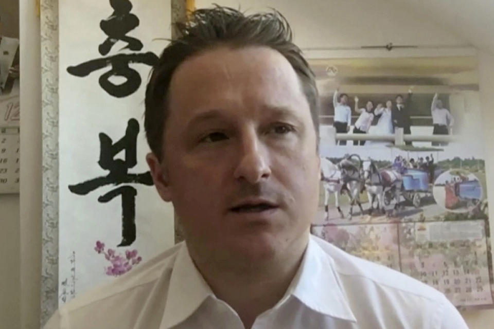 FILE - In this file image made from March 2, 2017, video, Michael Spavor, director of Paektu Cultural Exchange, talks during a Skype interview in Yanji, China. A Communist Party newspaper says China will soon begin trials for two Canadians, Spavor and Michael Kovrig, who were arrested in December 2018 in apparent retaliation for Canada’s detention of a senior executive for Chinese communications giant Huawei Technologies. (AP Photo, File)