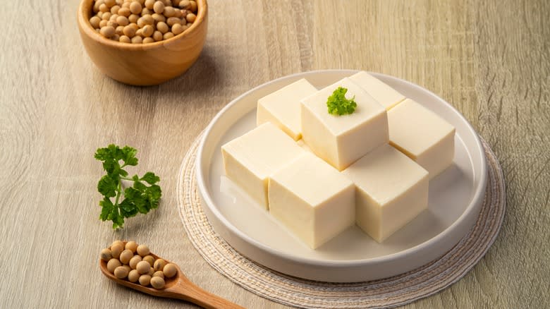 Sliced tofu on a plate