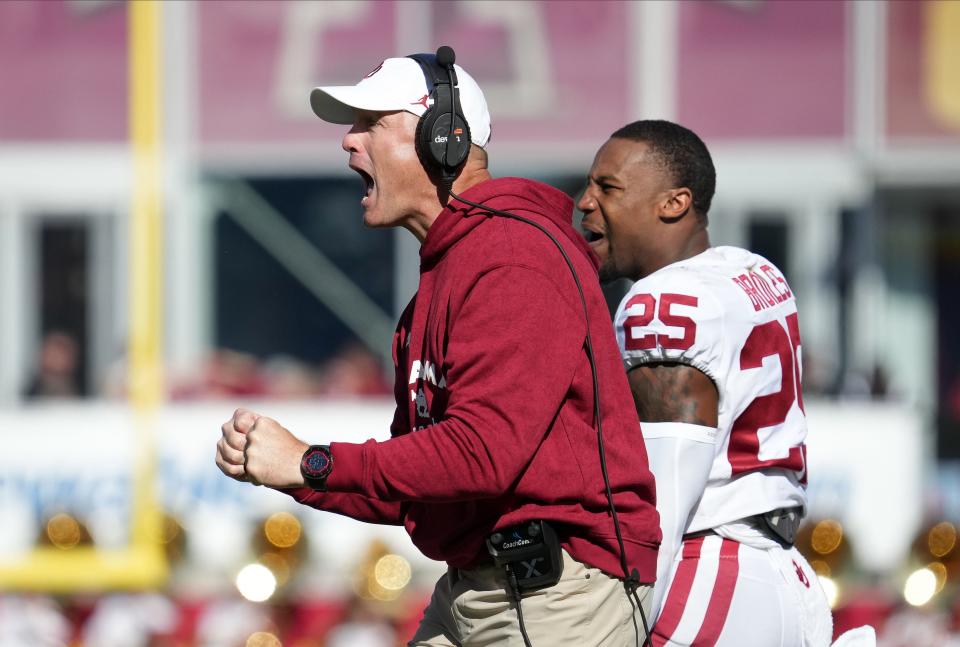 Oct. 29, 2022; Ames, Iowa, USA; Oklahoma head football coach Brent Venables reacts after kicker Zach Schmidt scores a touchdown on a fake field goal attempt against Iowa State at Jack Trice Stadium. Mandatory Credit: Bryon Houlgrave/Des Moines Register-USA TODAY Sports