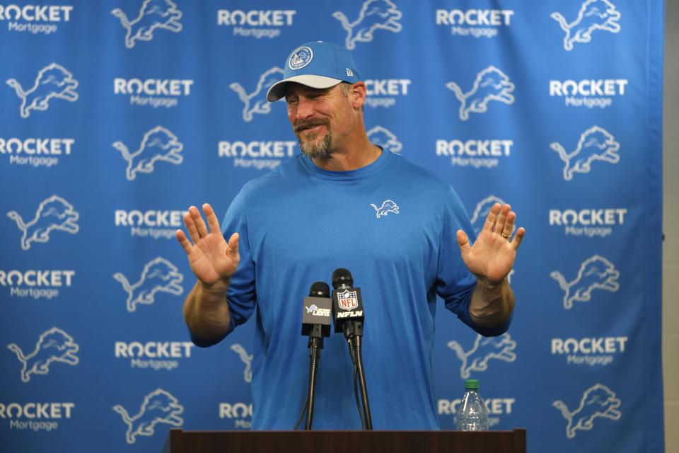 Detroit Lions head coach Dan Campbell addresses the media after the NFL football game against the Detroit Lions, Monday, Oct. 30, 2023, in Detroit. (AP Photo/Duane Burleson)