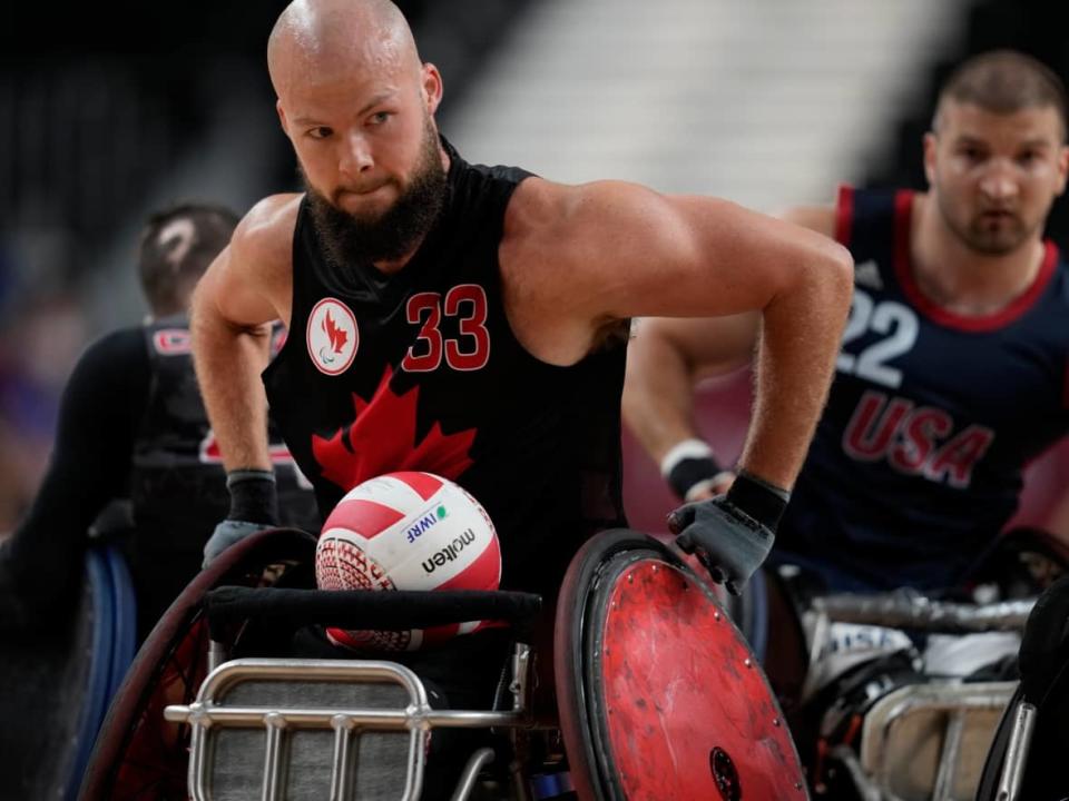 Zak Madell, seen above during the Tokyo Paralympics, was named player of the game after Canada's 62-46 win over Colombia at the wheelchair rugby world championship on Wednesday. (Shuji Kajiyama/The Associated Press - image credit)