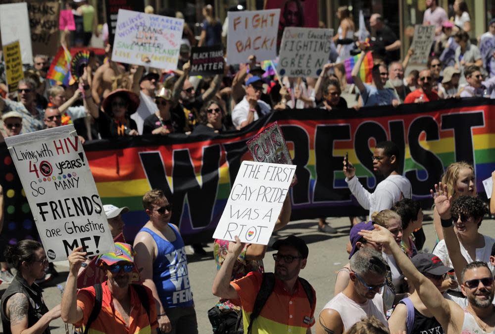 Marchers participate in the Queer Liberation March in New York, Sunday, June 30, 2019. (AP Photo/Seth Wenig, File)
