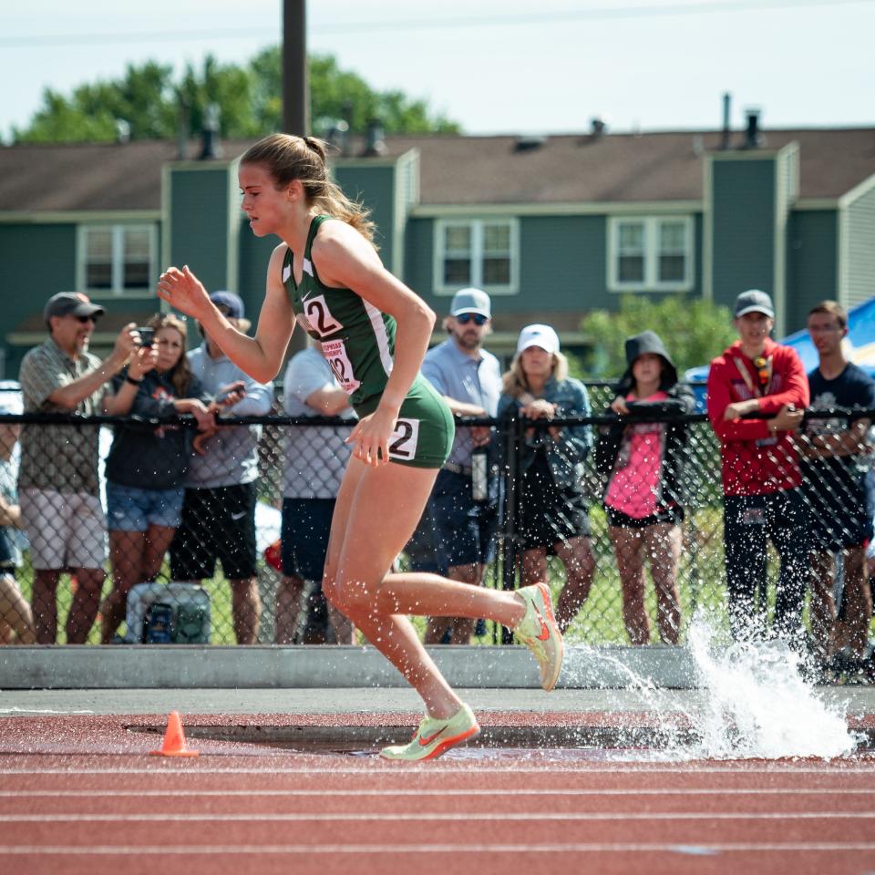 Cornwall's Karrie Baloga competes in the steeplechase during the 2022 NYSPHSAA Outdoor Track and Field Championships in Syracuse on Saturday, June 11, 2022.