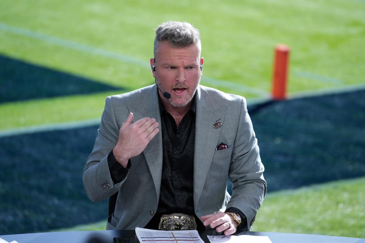 Pat McAfee on the ESPN College Gameday set at the 2024 Rose Bowl college football playoff semifinal game at the Rose Bowl on Jan. 1, 2024, in Pasadena, California. (Kirby Lee/USA TODAY Sports)