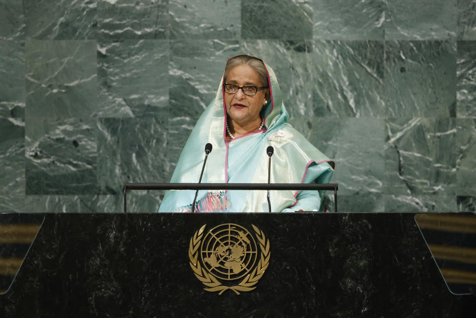 Prime Minister of Bangladesh Sheikh Hasina addresses the 77th session of the United Nations General Assembly at U.N. headquarters, Friday, Sept. 23, 2022. (AP Photo/Jason DeCrow)