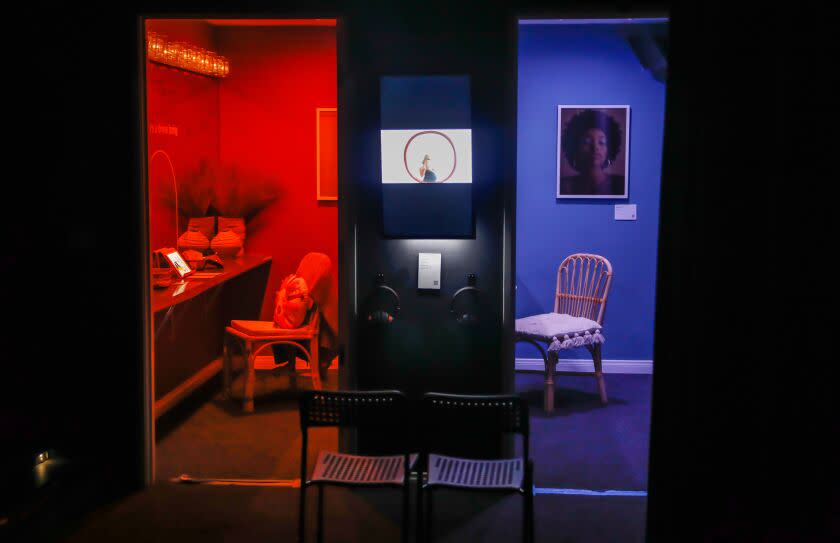 LOS ANGELES-CA-APRIL 7, 2023: Truth portals, where visitors can tell a story and/or receive one, at the new 'Witness' art exhibit at WACO Theater Center in Los Angeles on April 7, 2023. (Christina House / Los Angeles Times)