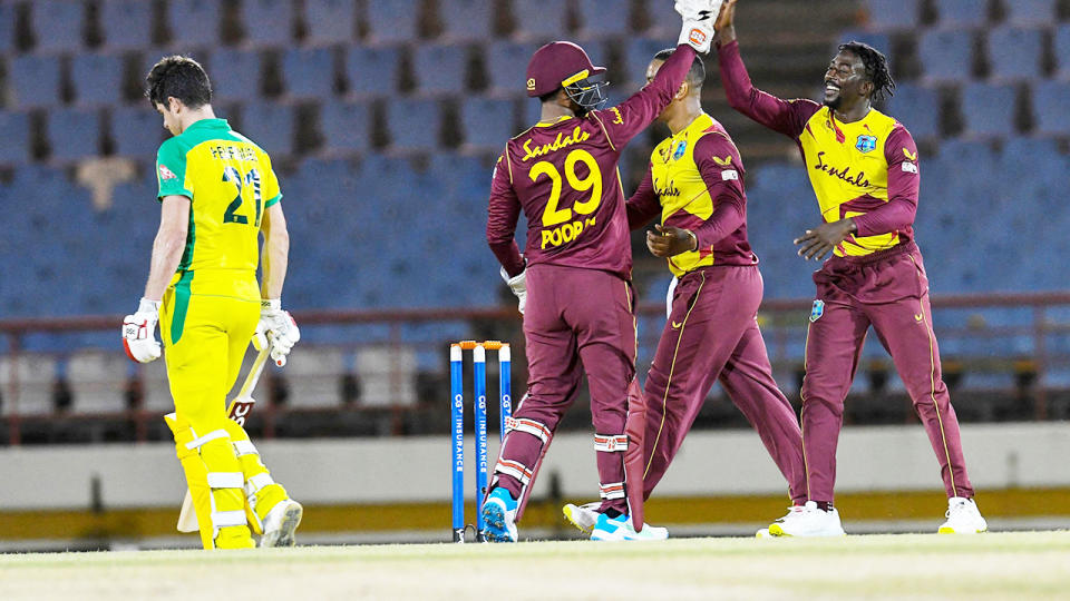 Hayden Walsh Jr, pictured here after the dismissal of Moises Henriques in the second T20 between Australia and West Indies.