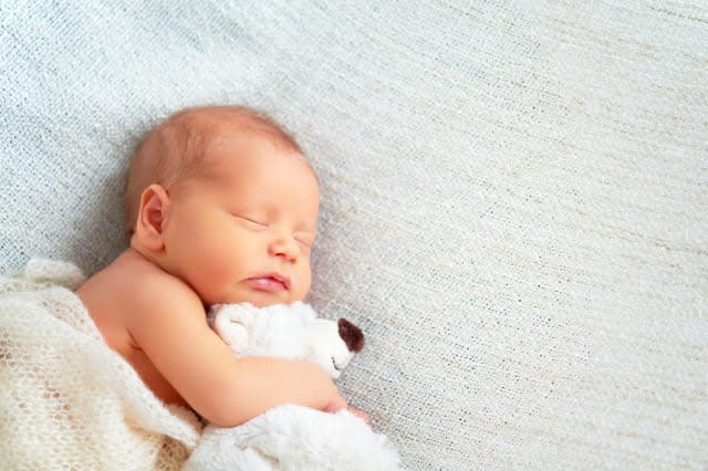 Cute newborn baby sleeps with a toy teddy bear white