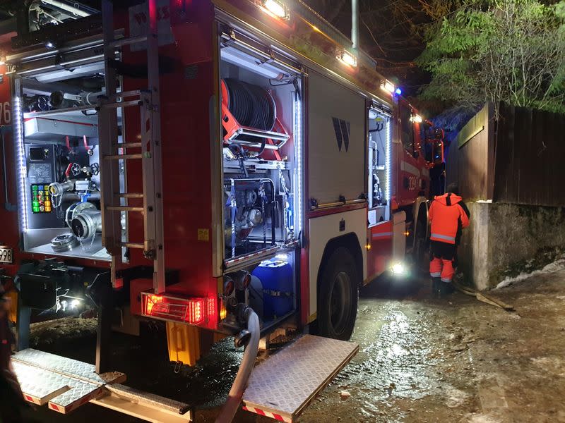 Fire truck seen at site of building levelled by gas explosion in Szczyrk
