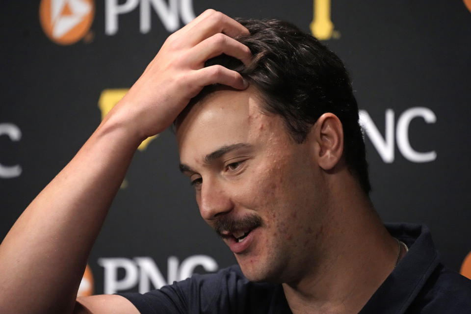 Pittsburgh Pirates' Paul Skenes meets with reporters before a baseball game against the Chicago Cubs in Pittsburgh, Friday, May 10, 2024. Skenes will make his Major League debut Saturday against the Cubs. (AP Photo/Gene J. Puskar)