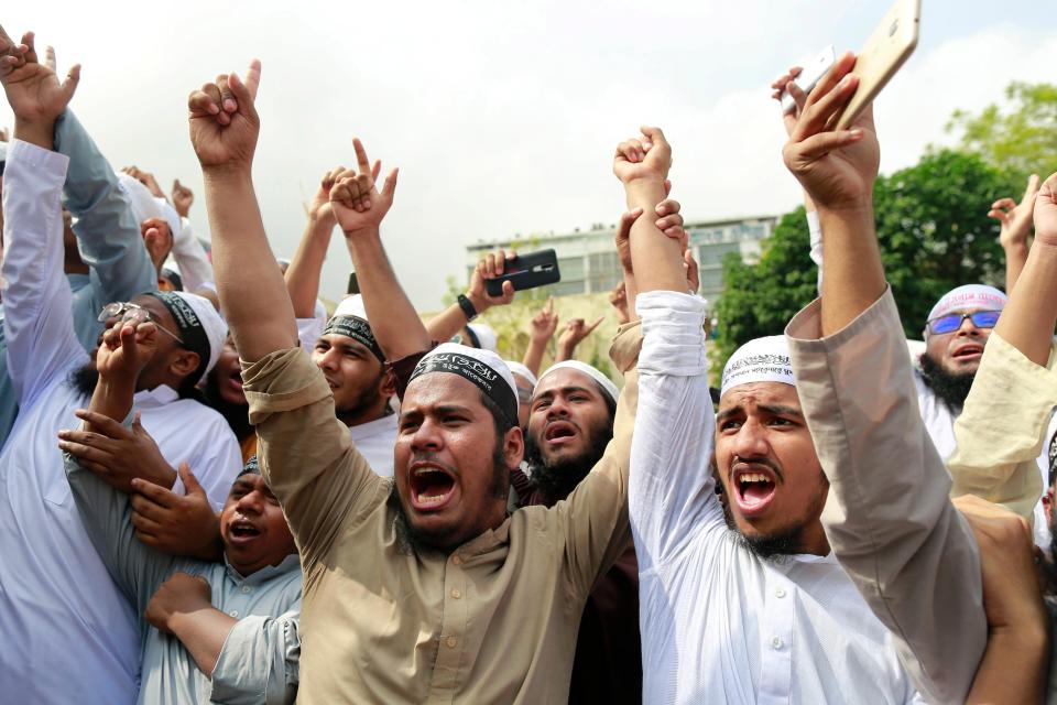 Members of the Hefazat-e-Islam Bangladesh pictured during an anti-France protest in Dhaka on MondayEPA