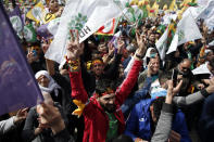 Thousands of supporters of pro-Kurdish Peoples' Democratic Party, or HDP, gather to celebrate the Kurdish New Year and to attend a campaign rally for local elections that will test the Turkish president's popularity, in Istanbul, Sunday, March 24, 2019. The HDP held the event amid the municipal office races that have become polarizing and a government crackdown on its members for alleged links to outlawed Kurdish militants. (AP Photo/Emrah Gurel)