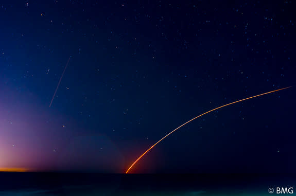 Photographer Ben Gallop snapped this serene view of NASA's LADEE moon mission launch from Jennettes Pier in Nags Head, N.C., on the night of Sept. 6, 2013. The mission launched on a Minotaur V rocket from NASA's Wallops Flight Center on Wallops