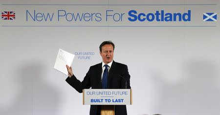 Britain's Prime Minister David Cameron delivers a speech at Dynamic Earth in Edinburgh, Scotland January 22, 2015. REUTERS/Russell Cheyne