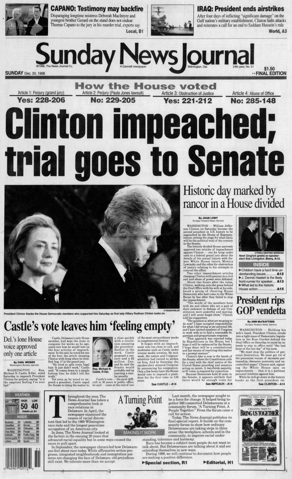 Front page of the Sunday News Journal from Dec. 20, 1998.