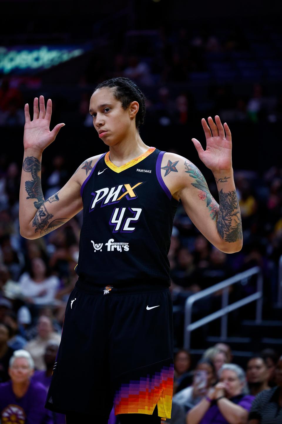 Brittney Griner #42 of the Phoenix Mercury in the first half at Crypto.com Arena on Sept. 17, 2024 in Los Angeles.