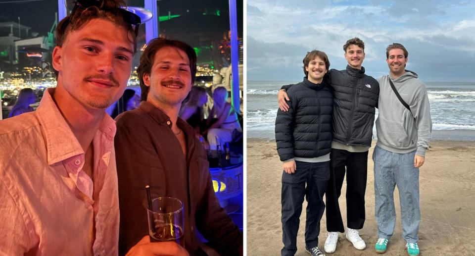 Three men on a beach and a another photo of two men in a bar.