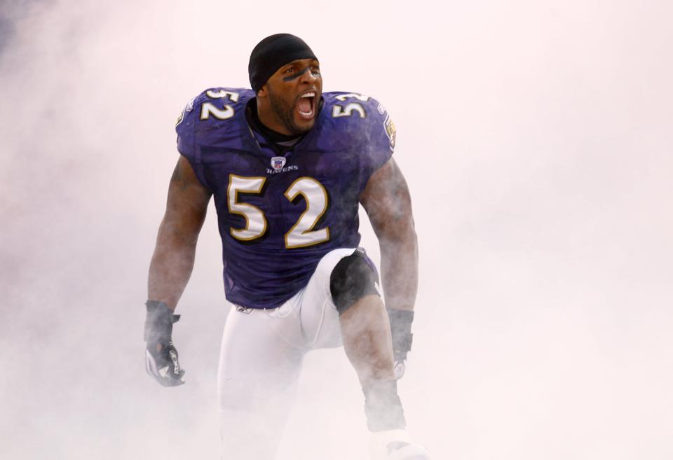 BALTIMORE, MD - JANUARY 13: Linebacker Ray Lewis #52 of the Baltimore Ravens reacts to the crowd while being introduced before a game against the Indianapolis Colts during the AFC Divisional playoff game on January 13, 2007 at M&T Bank Stadium in Baltimore, Maryland. The Colts won 15-6. (Photo by Rob Tringali/Sportschrome/Getty Images)