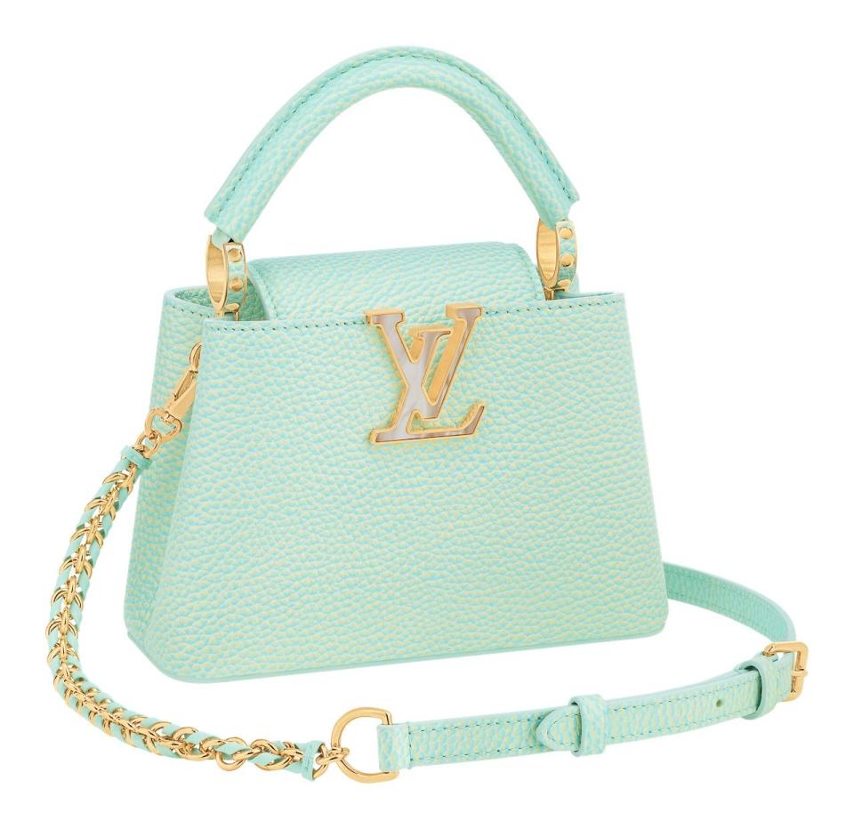 Louis Vuitton Capucines Mini with braided chain and seashell-effect LV signature in Vert dEau iridescent taurillonf