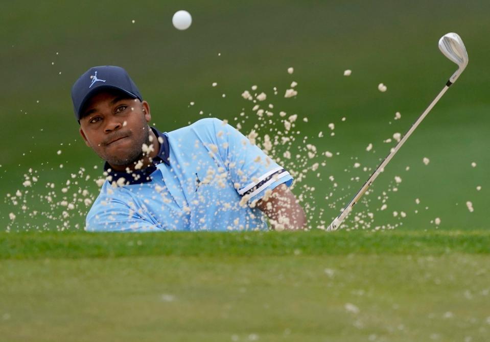 Harold Varner III hits out of a bunker on No. 2 during Wednesday's practice round at Augusta National Golf Club. Varner will tee it up in his first Masters Tournament this week. Katie Goodale-Augusta Chronicle/USA TODAY Network