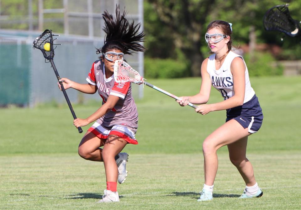 Karissa Halter looks to make a pass for Bedford's girls lacrosse team during a 9-8 victory over Maumee Valley Country Day on Friday, May 10, 2024.