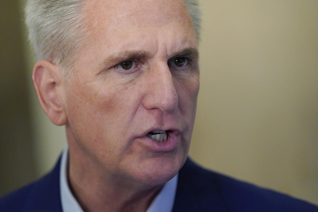 Speaker of the House Kevin McCarthy, R-Calif., speaks with members of the press after participating in a phone call on the debt ceiling with President Joe Biden, Sunday, May 21, 2023, on Capitol Hill in Washington. (AP Photo/Patrick Semansky)