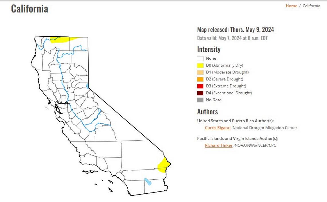 California’s drought status as of Tuesday, May 7, 2024, according to the U.S. Drought Monitor. U.S. Drought Monitor