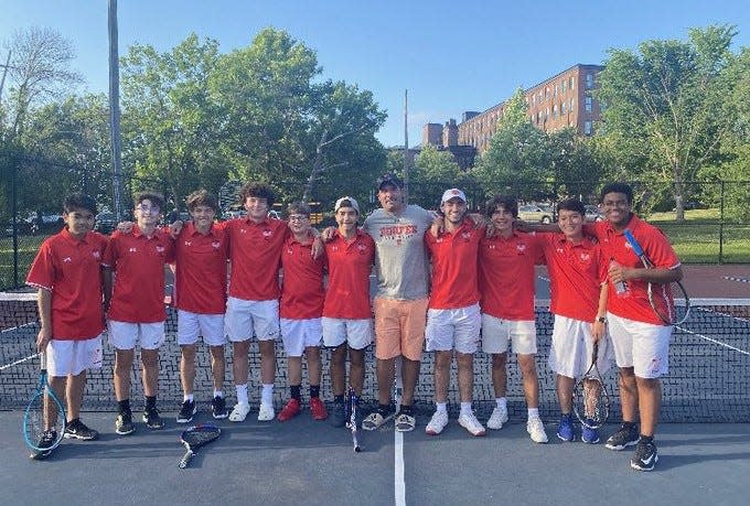 Members of the Durfee boys tennis team after beating Haverhill in the Division I preliminary round.