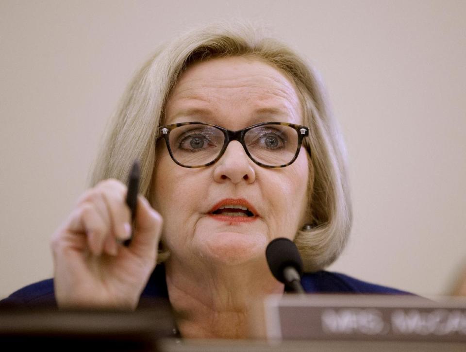 FILE - This April 2, 2014 file photo shows Sen. Claire McCaskill, D-Mo. on Capitol Hill in Washington. The Education Department on Thursday took the unprecedented step of releasing the names of the 55 colleges and universities currently facing a Title IX investigation over their handling of sexual abuse complaints. The release came two days after a White House task force promised greater government transparency on sexual assault in higher education. Going forward, the department said, it will keep an updated list of schools facing such an investigation and make it available upon request. Sens. Kirsten Gillibrand, D-N.Y., and Claire McCaskill, D-Mo., have said non-compliance under the law is "far too common." They say a lack of federal resources is partly to blame for that, and they've sought more money to ensure timely and proper investigations. (AP Photo/Pablo Martinez Monsivais, File)