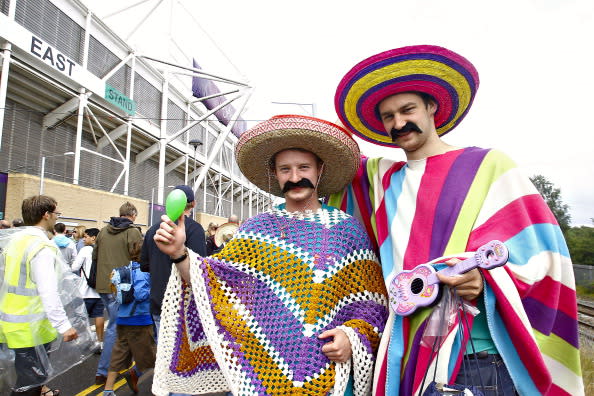 COVENTRY, ENGLAND - JULY 29: Mexican fans cheer for their team wearing traditional Mexican hats prior a match between Mexico and Gabon as part of the first round of the Group B, London 2012 Olympic Games on July 29, 2012 in Coventry, England. (Photo by LatinContent/Getty Images) 