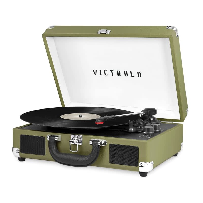 Victrola Vintage 3-Speed Bluetooth Portable Suitcase Record Player, Green Olive