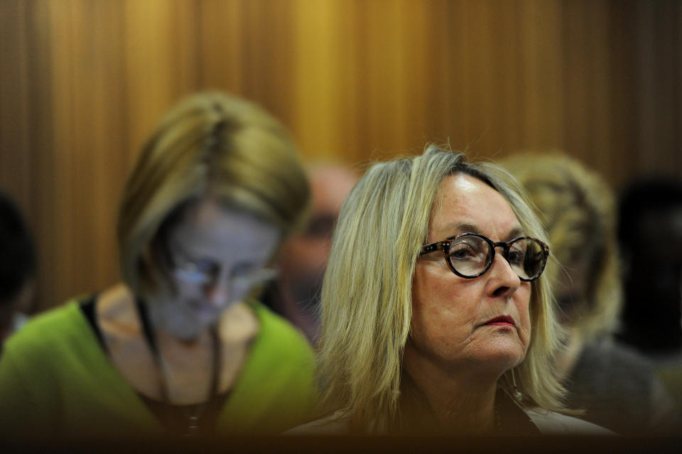 June Steenkamp, the mother of the late Reeva Steenkamp, listens to evidence being given in the murder trial of Oscar Pistorius in Pretoria, South Africa, Thursday, May 8, 2014. Pistorius is charged with the death of his girlfriend Reeva Steenkamp on Valentine's Day in 2013. (AP Photo/Werner Beukes, Pool)