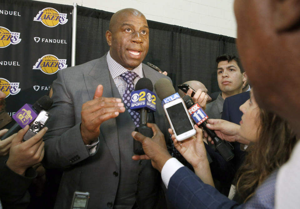 Magic Johnson took over as president of basketball operations for the Lakers in February. (AP)