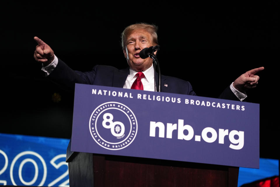 Republican presidential candidate former President Donald Trump speaks at the National Religious Broadcasters convention at the Gaylord Opryland Resort and Convention Center Thursday, Feb. 22, 2024, in Nashville, Tenn. (AP Photo/George Walker IV)