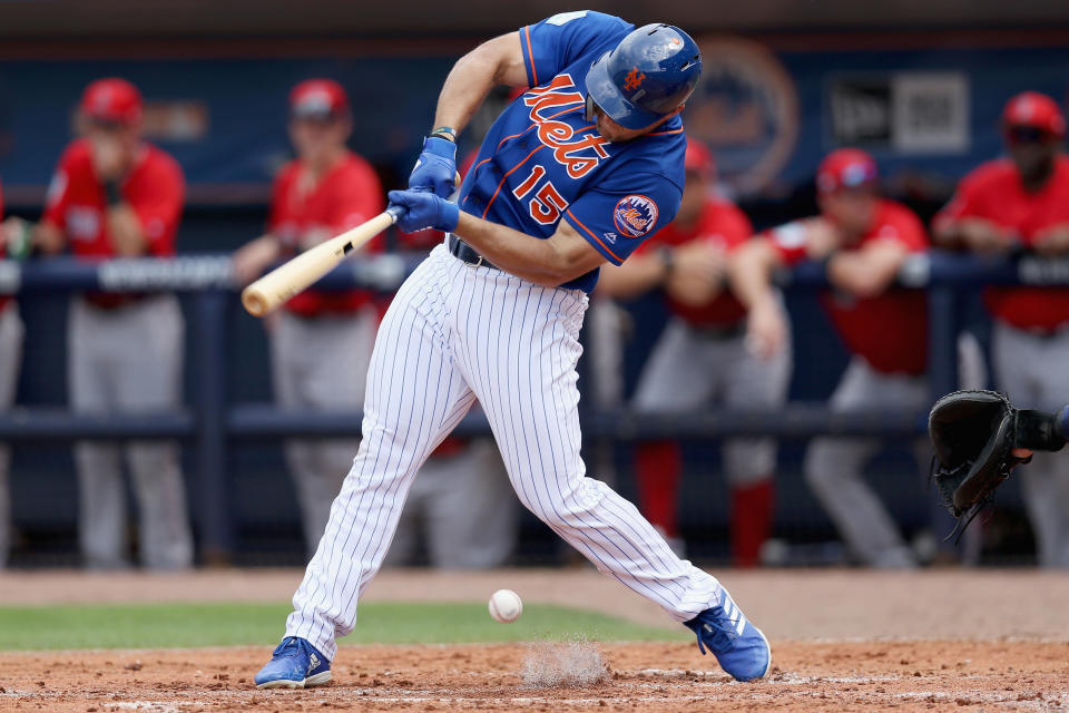 PORT ST. LUCIE, FLORIDA - MARCH 04:  Tim Tebow #15 of the New York Mets grounds out in the second inning against the Boston Red Sox during the Grapefruit League spring training game at First Data Field on March 04, 2019 in Port St. Lucie, Florida. (Photo by Dylan Buell/Getty Images)